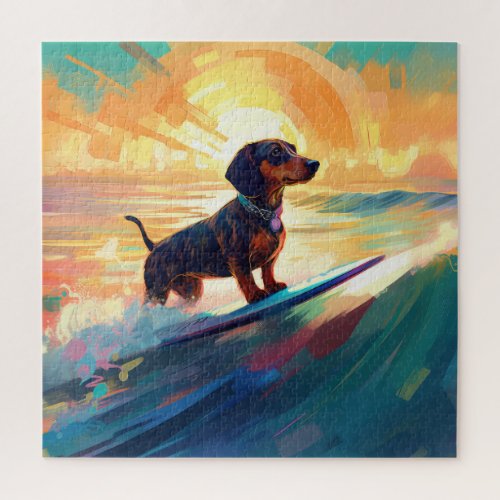 Dachshund Beach Surfing Painting Jigsaw Puzzle