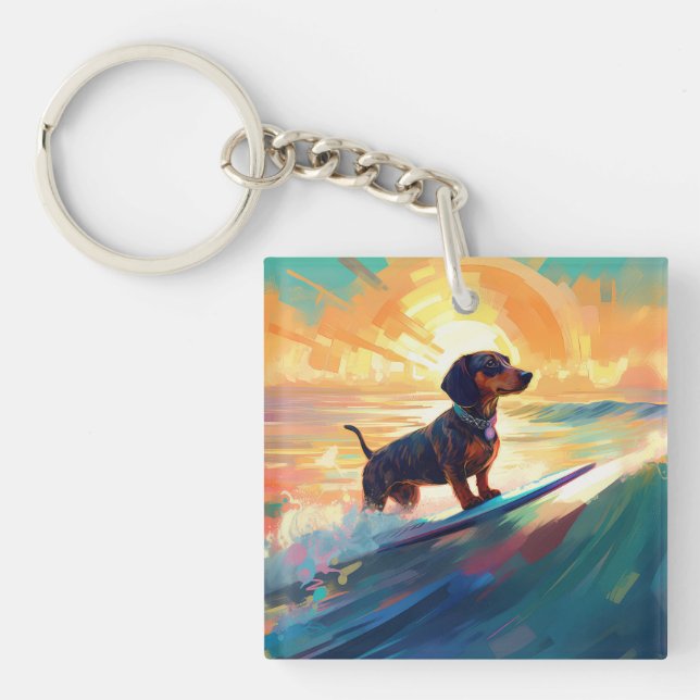 Dachshund Beach Surfing Painting Keychain (Front)
