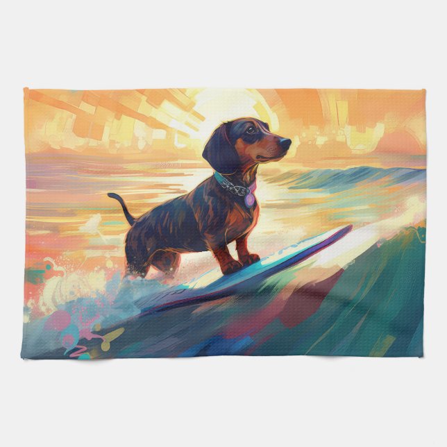 Dachshund Beach Surfing Painting Kitchen Towel (Horizontal)