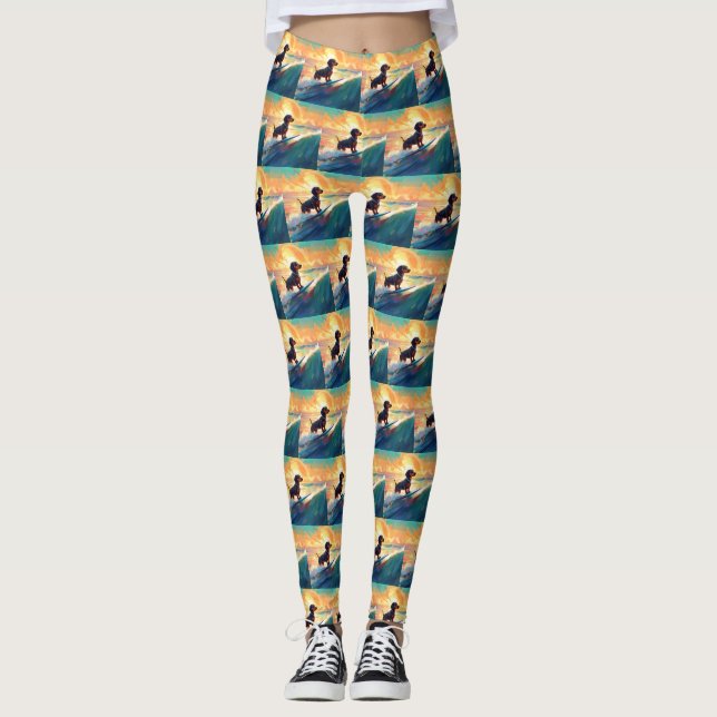 Dachshund Beach Surfing Painting Leggings (Front)