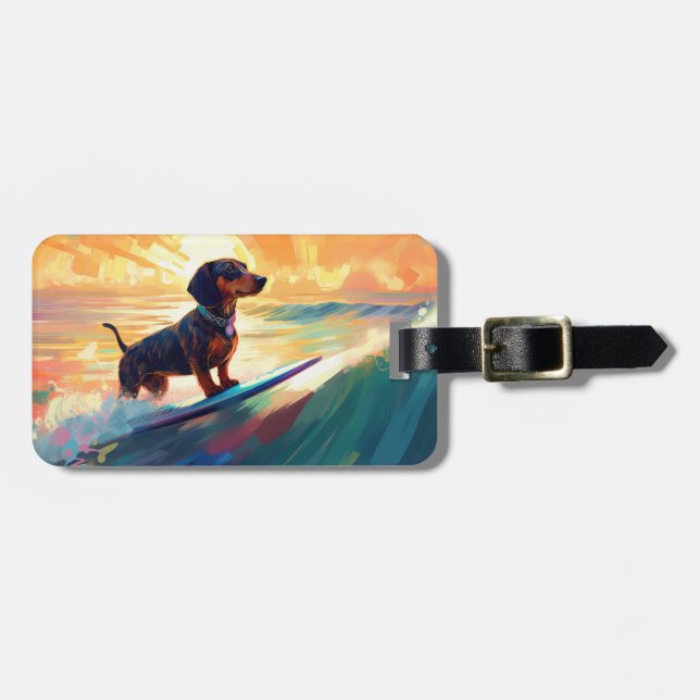 Dachshund Beach Surfing Painting Luggage Tag (Front Horizontal)