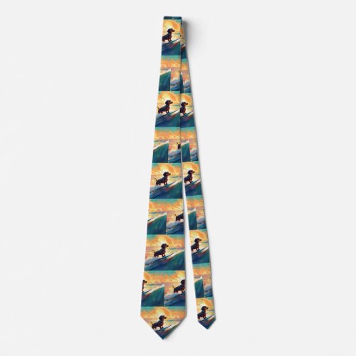 Dachshund Beach Surfing Painting Neck Tie