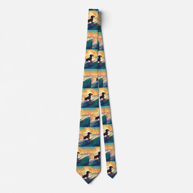 Dachshund Beach Surfing Painting Neck Tie (Front)