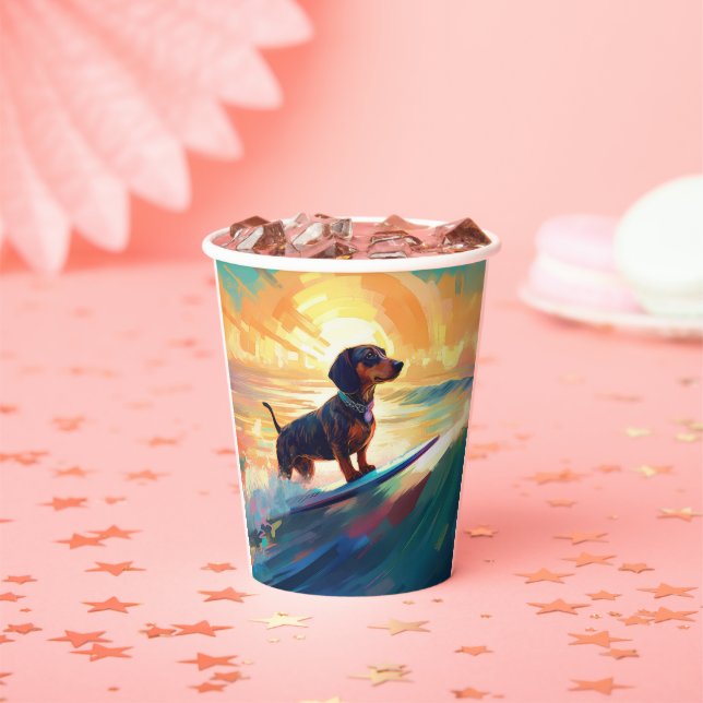 Dachshund Beach Surfing Painting Paper Cups (Insitu)