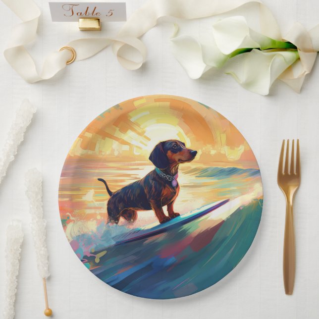 Dachshund Beach Surfing Painting Paper Plates (Wedding)