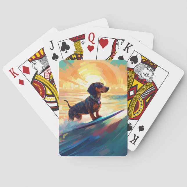 Dachshund Beach Surfing Painting Poker Cards (Back)