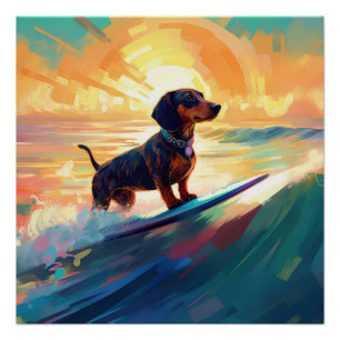 Dachshund Beach Surfing Painting Poster