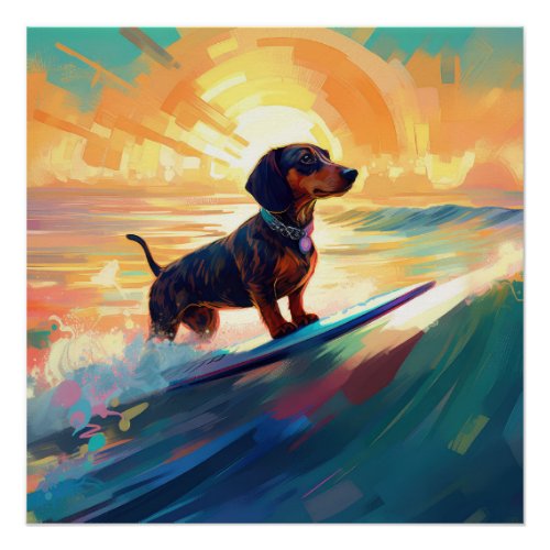 Dachshund Beach Surfing Painting Poster