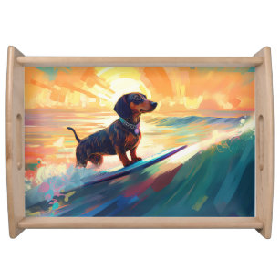 Dachshund Beach Surfing Painting Serving Tray