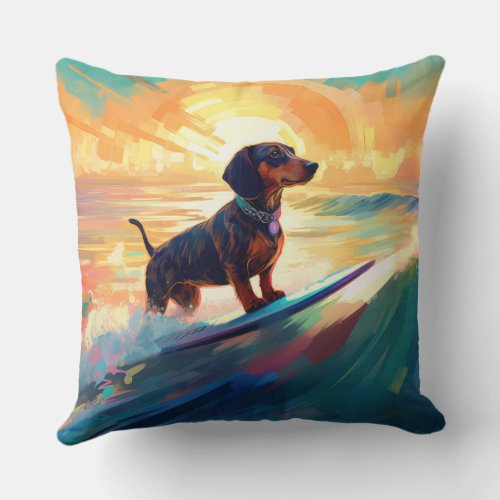 Dachshund Beach Surfing Painting Throw Pillow