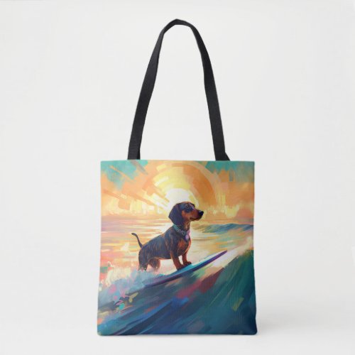 Dachshund Beach Surfing Painting Tote Bag
