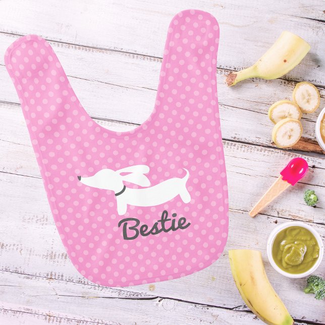 Dachshund Bestie Girls Love Pink Polka Baby Bib (Dachshund baby girl bib pink polka dots Bestie is a wiener dog)
