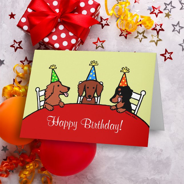 Dachshund Birthday Cartoon Card (Dachshund Cartoon Birthday Card for Dachshund Owners!  Cute three Doxie with Birthday Hats design.)