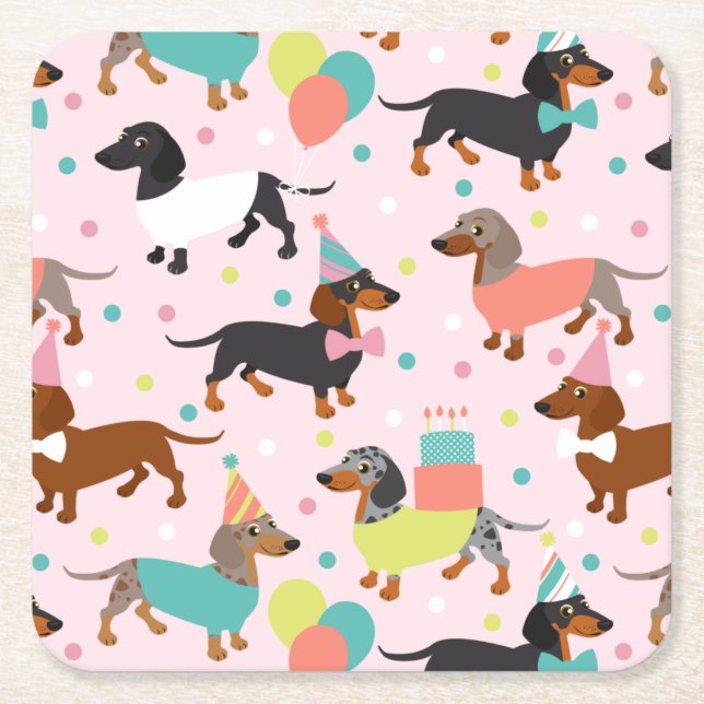 Dachshund Birthday Party Celebration Square Paper Coaster (Front)