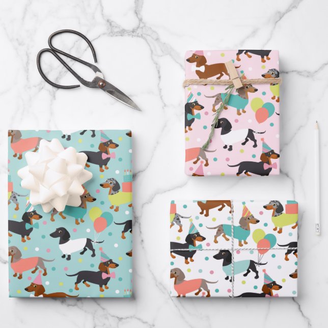 Dachshund Birthday Party Celebration Wrapping Paper Sheets (Front)