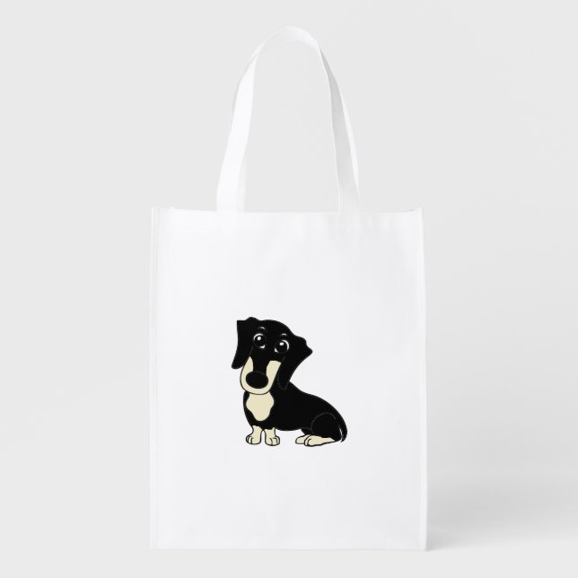 dachshund black and cream cartoon grocery bag (Front)