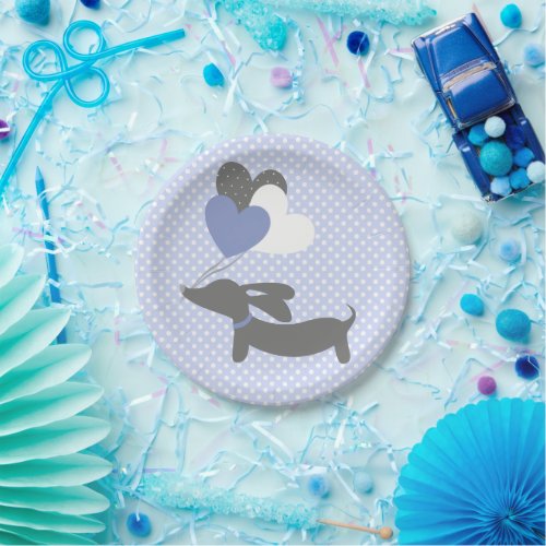 Dachshund Blue Baby Shower Paper Plates Polka Dots