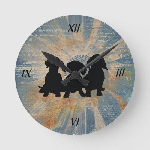 Dachshund Blue Gold German Print Wall Clock