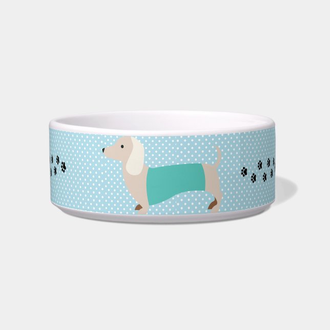 Dachshund Bowl Blue Polka Dot Wiener Dog Dish (Front)