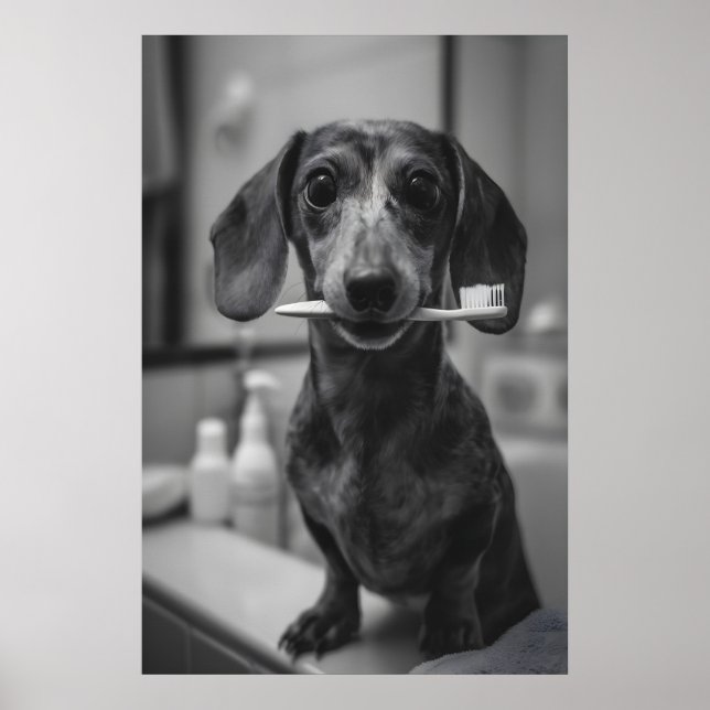 Dachshund Brushing Teeth Print, Funny Bathroom Dog Poster (Front)