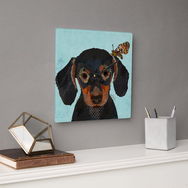 DACHSHUND & BUTTERFLY SQUARE WALL CLOCK (Office)