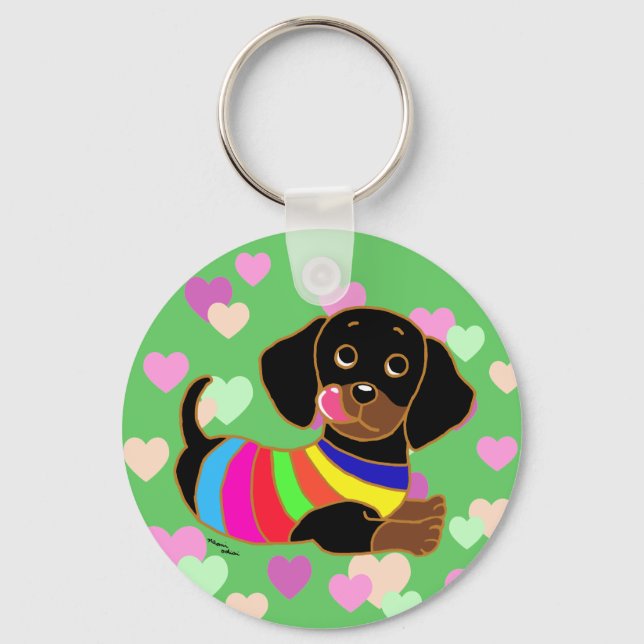 Dachshund Cartoon 2 Hearts Keychain (Front)