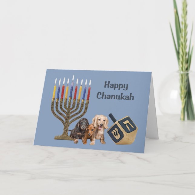 Dachshund Chanukah Card Menorah Dreidel2 (Front)