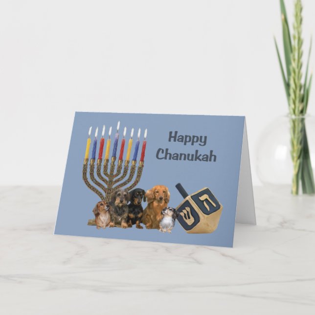 Dachshund Chanukah Card Menorah Dreidel4 (Front)