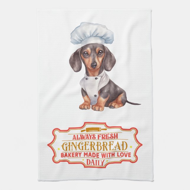 Dachshund Chef Baking Gingerbread Kitchen Towel (Vertical)