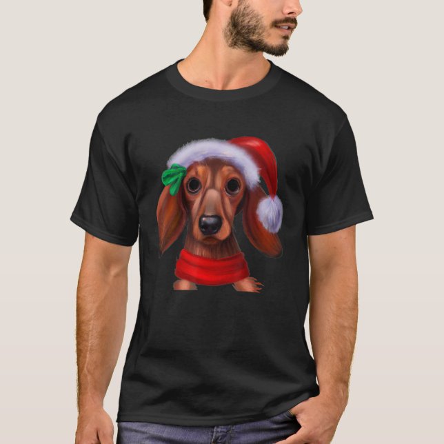 Dachshund Chiweenie Wiener Dog Santa Claus Hat Chr T-Shirt (Front)