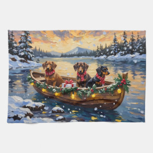 Dachshund Christmas Boat Holiday Kitchen Towel