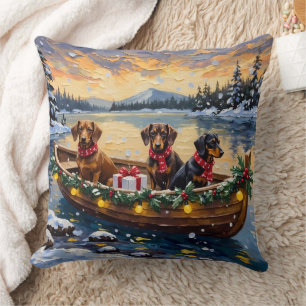 Dachshund Christmas Boat Holiday Throw Pillow
