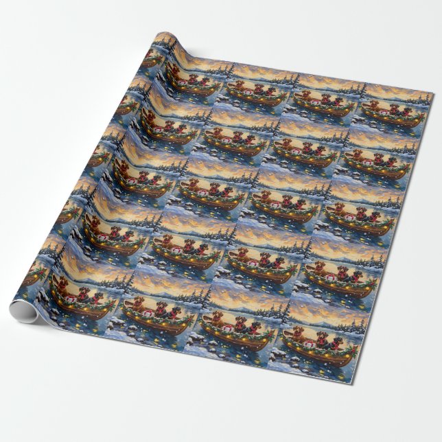 Dachshund Christmas Boat Holiday Wrapping Paper (Unrolled)