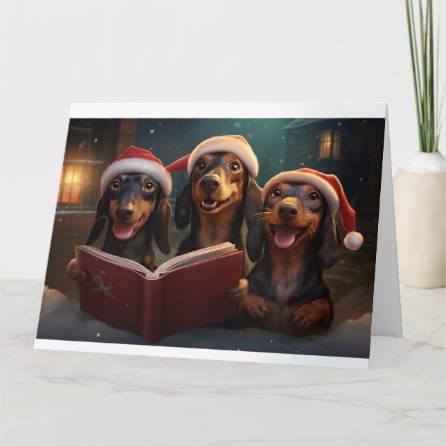 Dachshund Christmas Carolers Fun Holiday Card (Front)