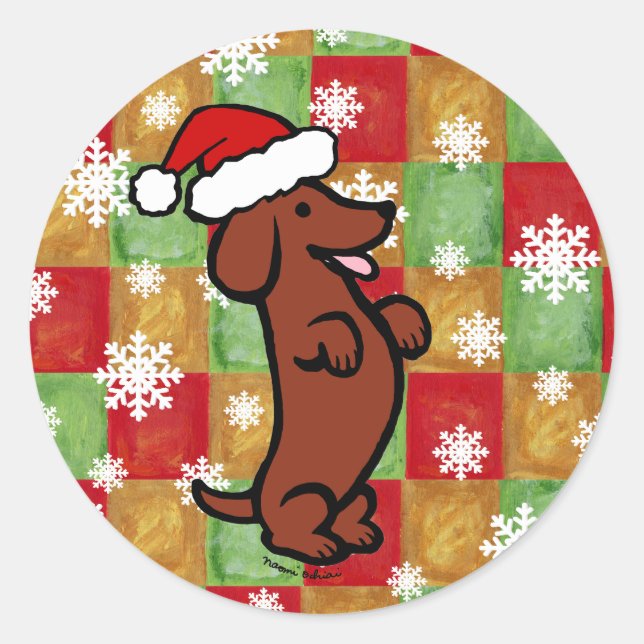 Dachshund Christmas Cartoon Snowflakes Classic Round Sticker (Front)