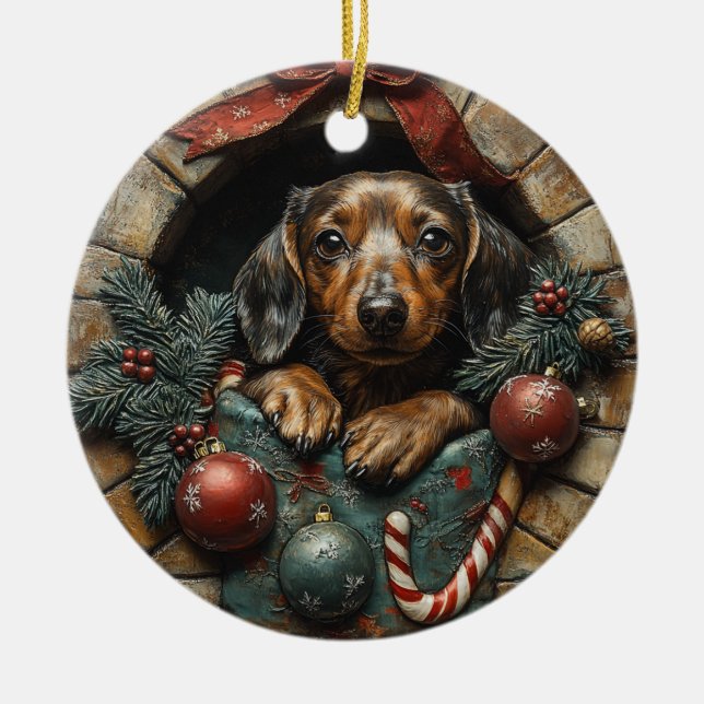 Dachshund Christmas Ceramic Ornament (Front)