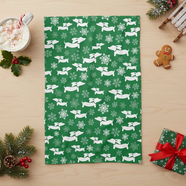 Dachshund Christmas Chef Gift Green  Kitchen Towel (Dachshund Christmas dish towel - green)
