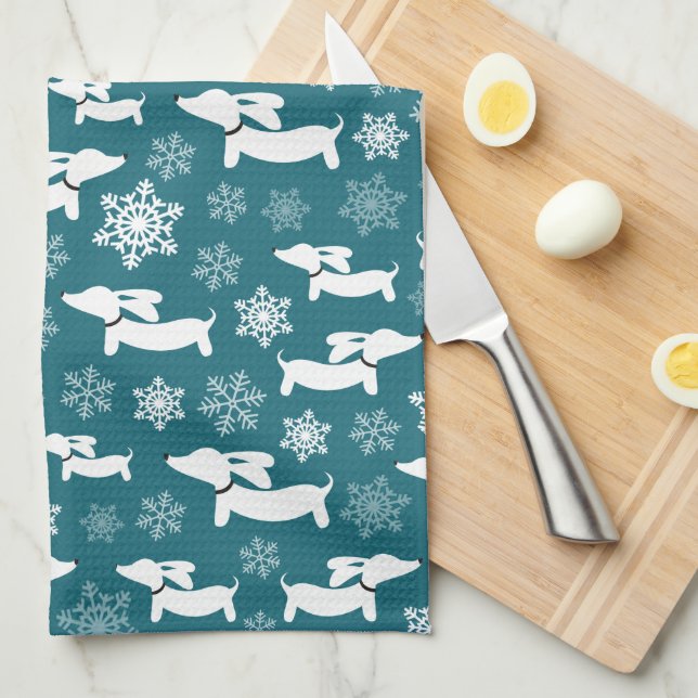 Dachshund Christmas Chef Gift Teal  Kitchen Towel (Quarter Fold)