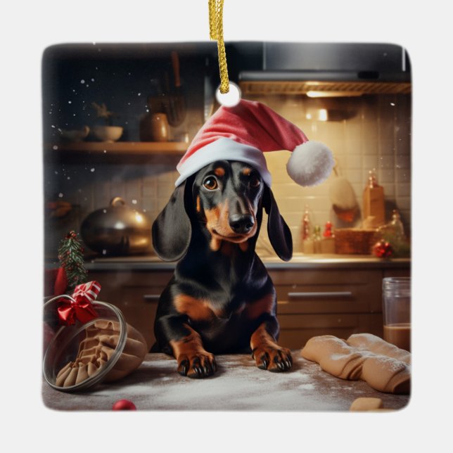 Dachshund Christmas Cookies Holiday Ceramic Ornament (Front)