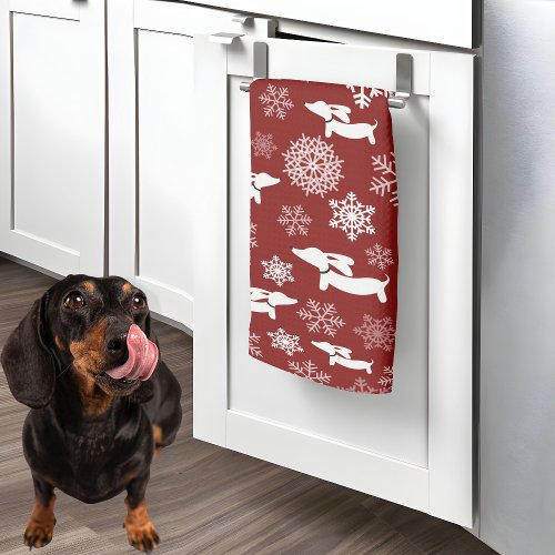 Dachshund Christmas Cranberry Red Dish Towel