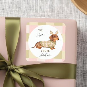Dachshund Christmas Dog Checkered Knitted Sweater Square Sticker