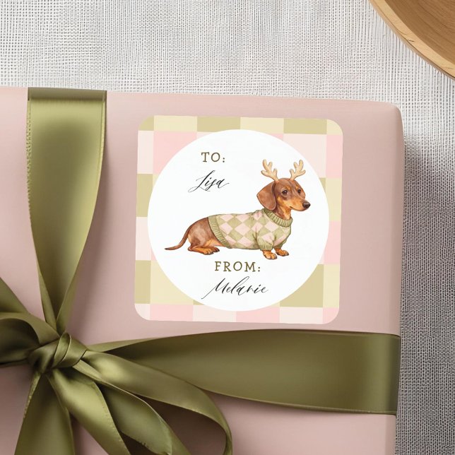 Dachshund Christmas Dog Checkered Knitted Sweater Square Sticker (Dachshund Christmas Dog Checkered Knitted Sweater Square Sticker)