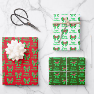 Dachshund Christmas Dog & Green Bow 3 Color Wrapping Paper Sheets