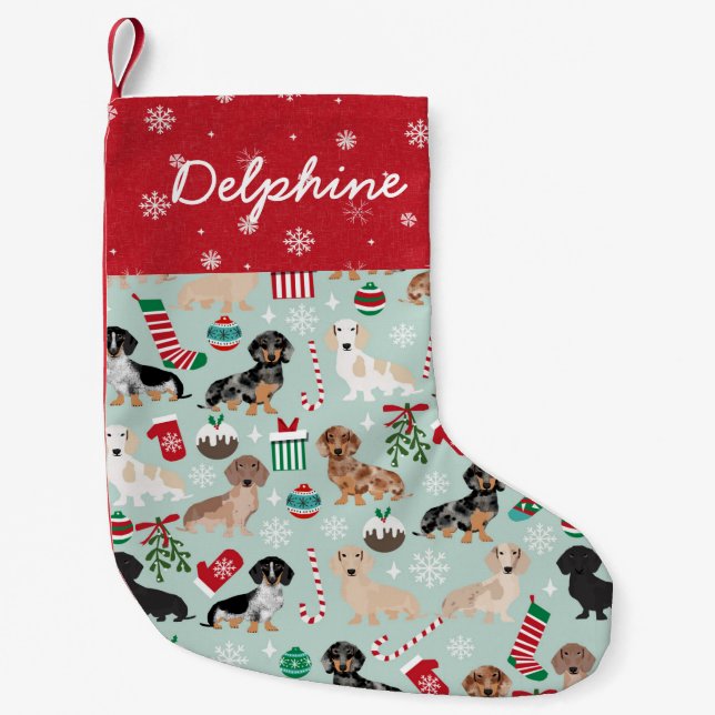 Dachshund christmas dog pet name small christmas stocking (Front)