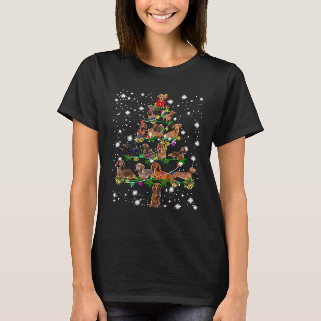Dachshund Christmas Fairy Light Ornaments Tree T-Shirt (Front)