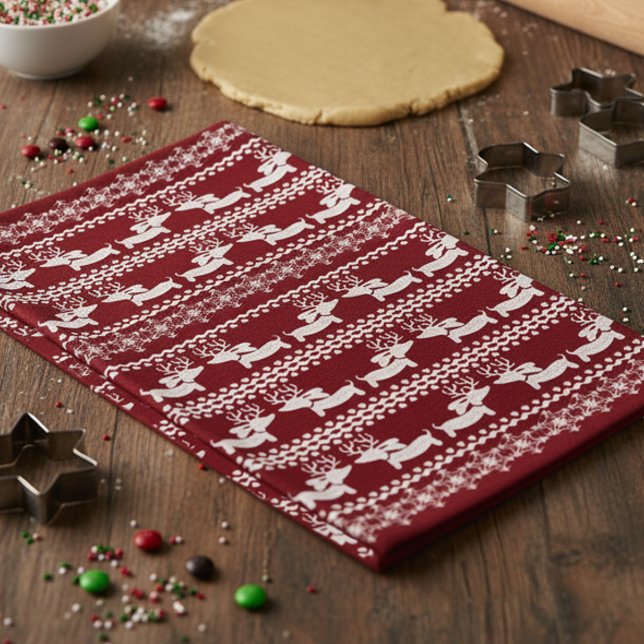Dachshund Christmas Kitchen Towel Festive Gift (Red dachshund reindeer Christmas dish towel)
