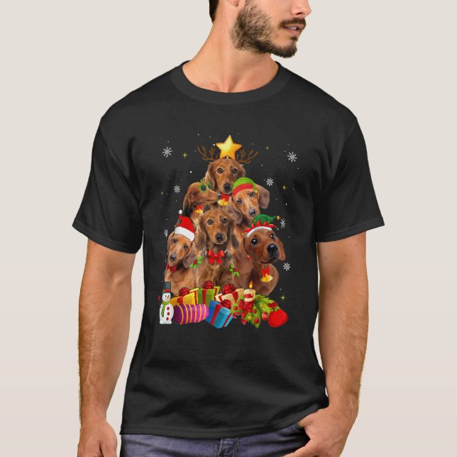 Dachshund Christmas Lights Funny Xmas Tree Dog Lov T-Shirt (Front)