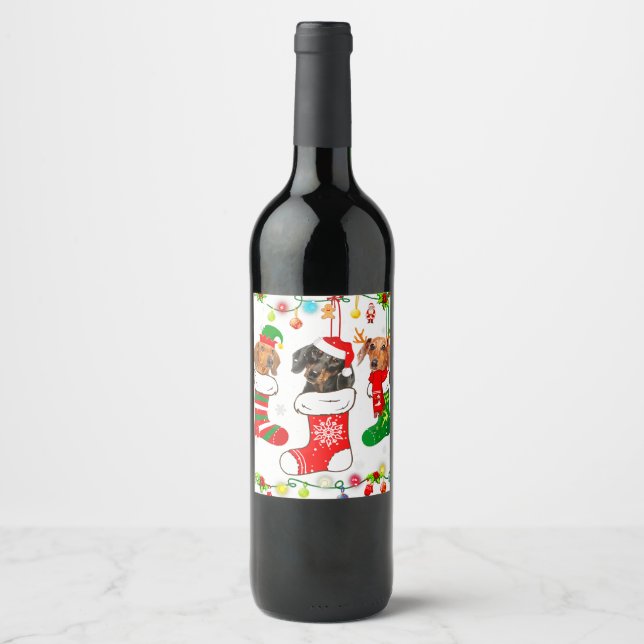 Dachshund Christmas Lights Gift Funny Xmas Dog Wine Label (Front)