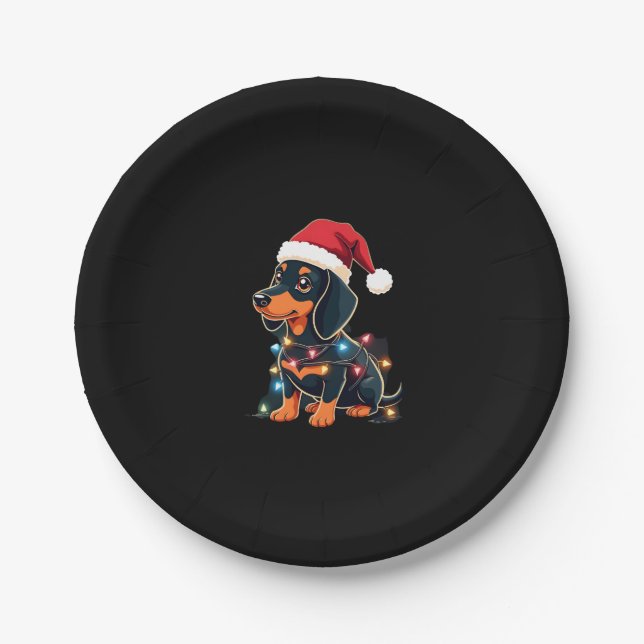 Dachshund Christmas Lights Santa Hat Xmas Dog Love Paper Plates (Front)