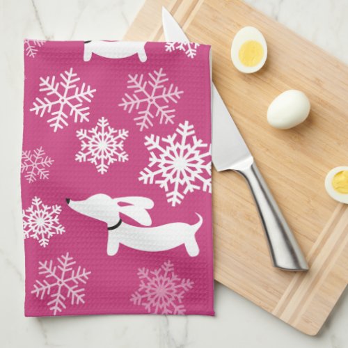 Dachshund Christmas Magenta Dish Towel